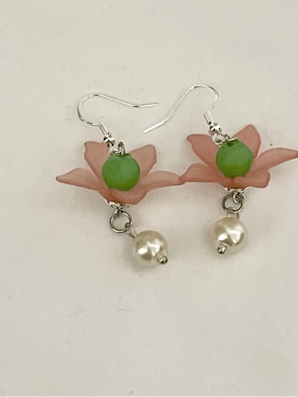 Pink Tulip Glass Flower Dangle Earrings With Pearl Drop And Green Leaf Accents - Picture 4 of 5